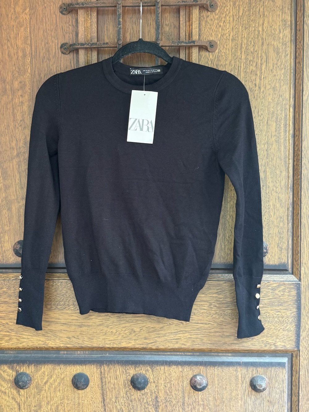ZARA Black Crewneck Sweater with Cuff Buttons Size XS, S